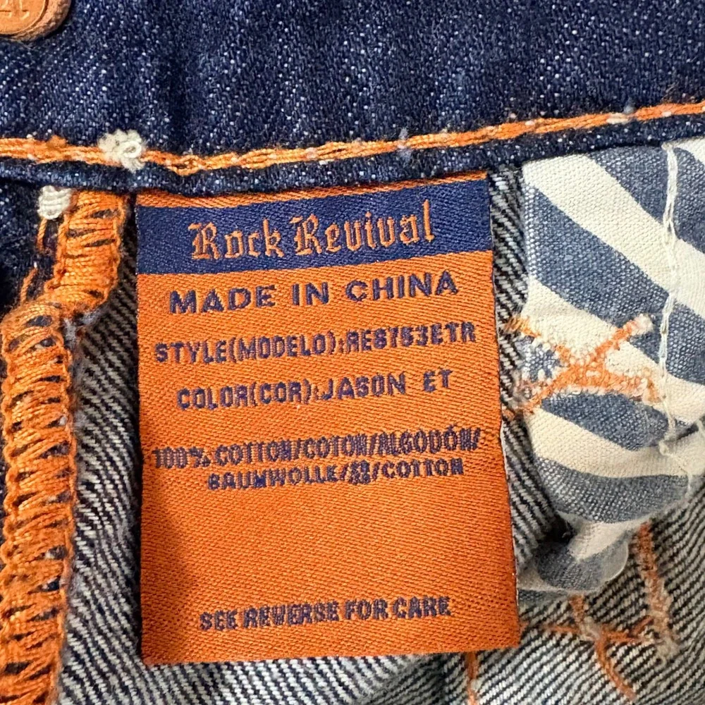 Rock Revival Men Drk Wash Bootcut Jeans Fleur de Lis Thick Stitch Blue 29x32 Y2K